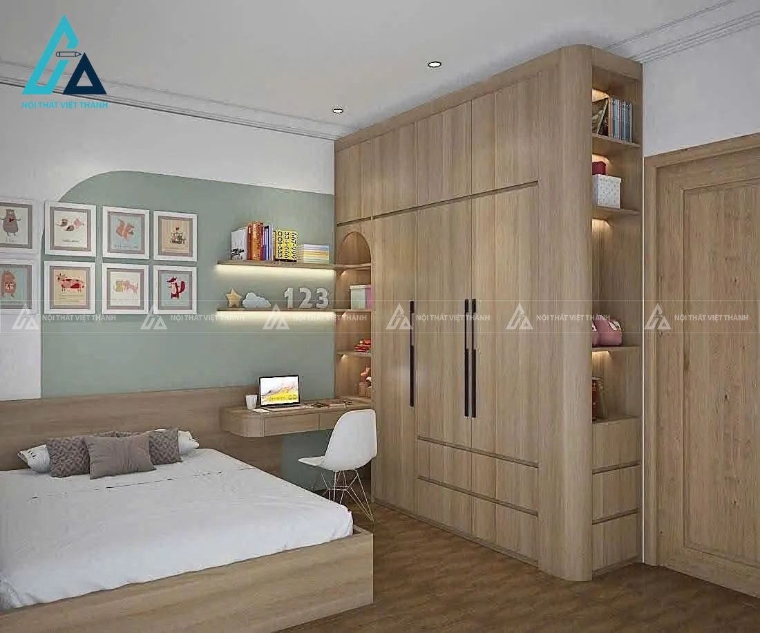 Combo phòng ngủ hiện đại tích hợp giường hộp và tủ áo bo kệ đèn led
