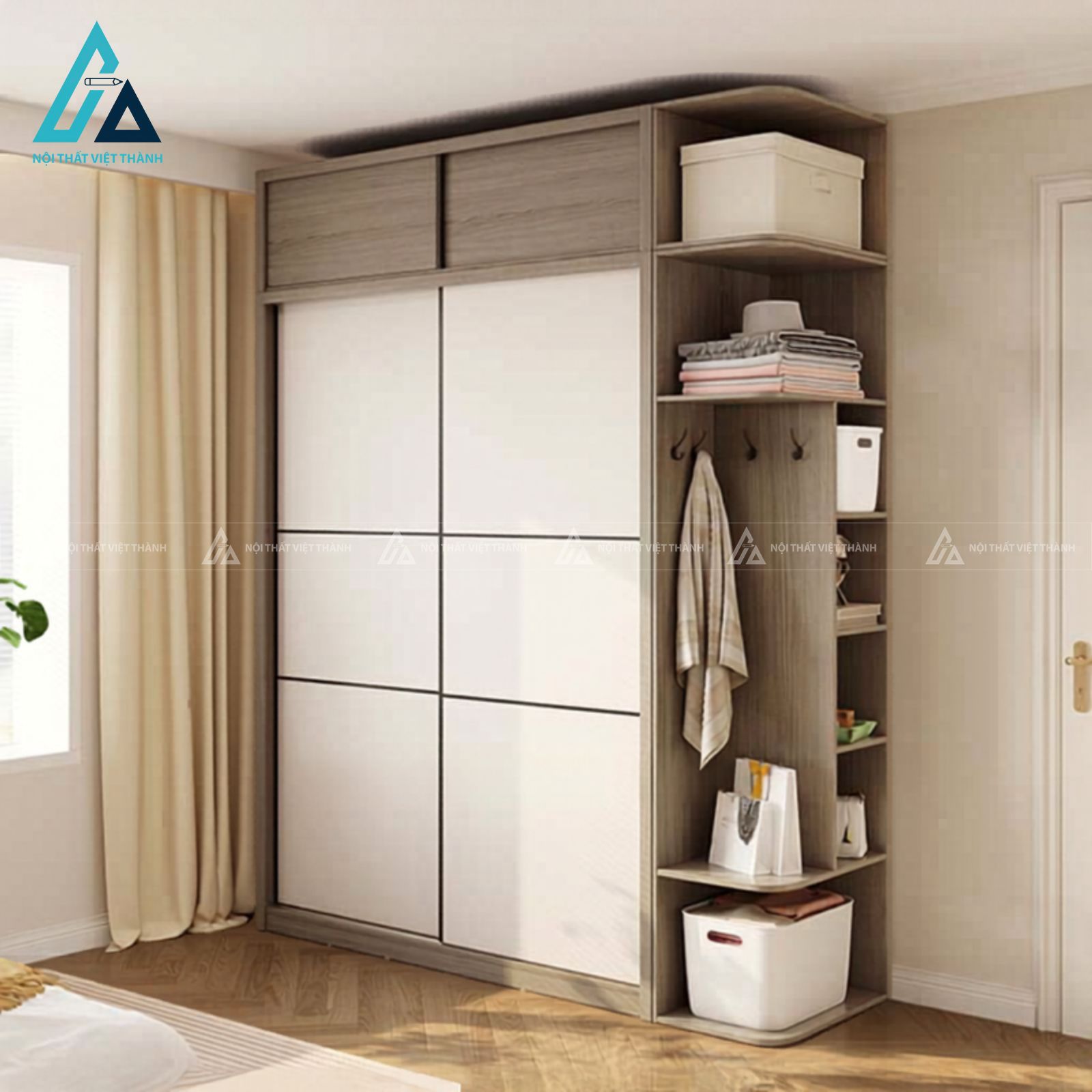 Combo phòng ngủ hiện đại tích hợp giường hộp và tủ lùa kèm kệ đèn led 1