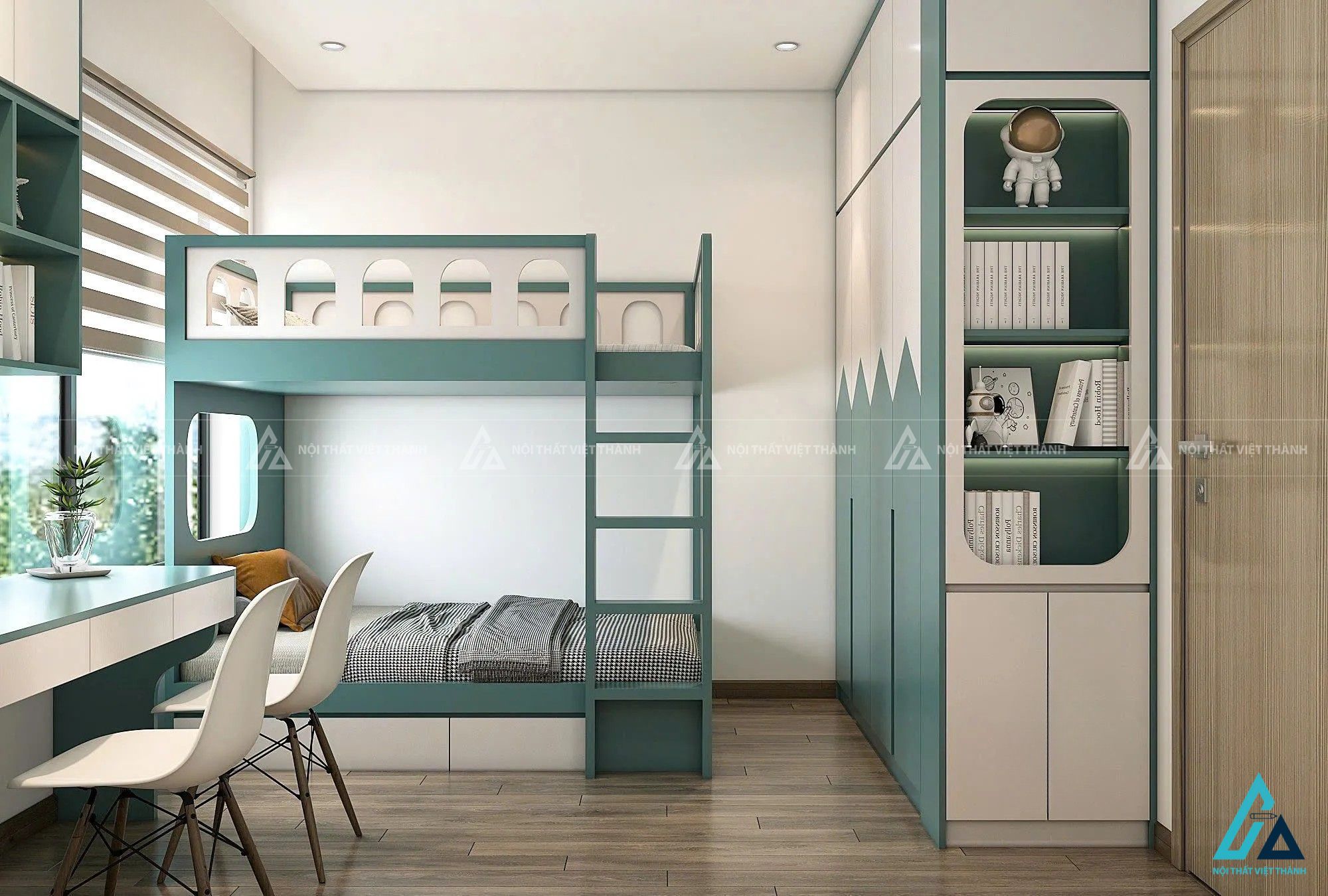 Combo phòng ngủ thông minh tích hợp giường tầng và hệ tủ kệ đa năng nhỏ