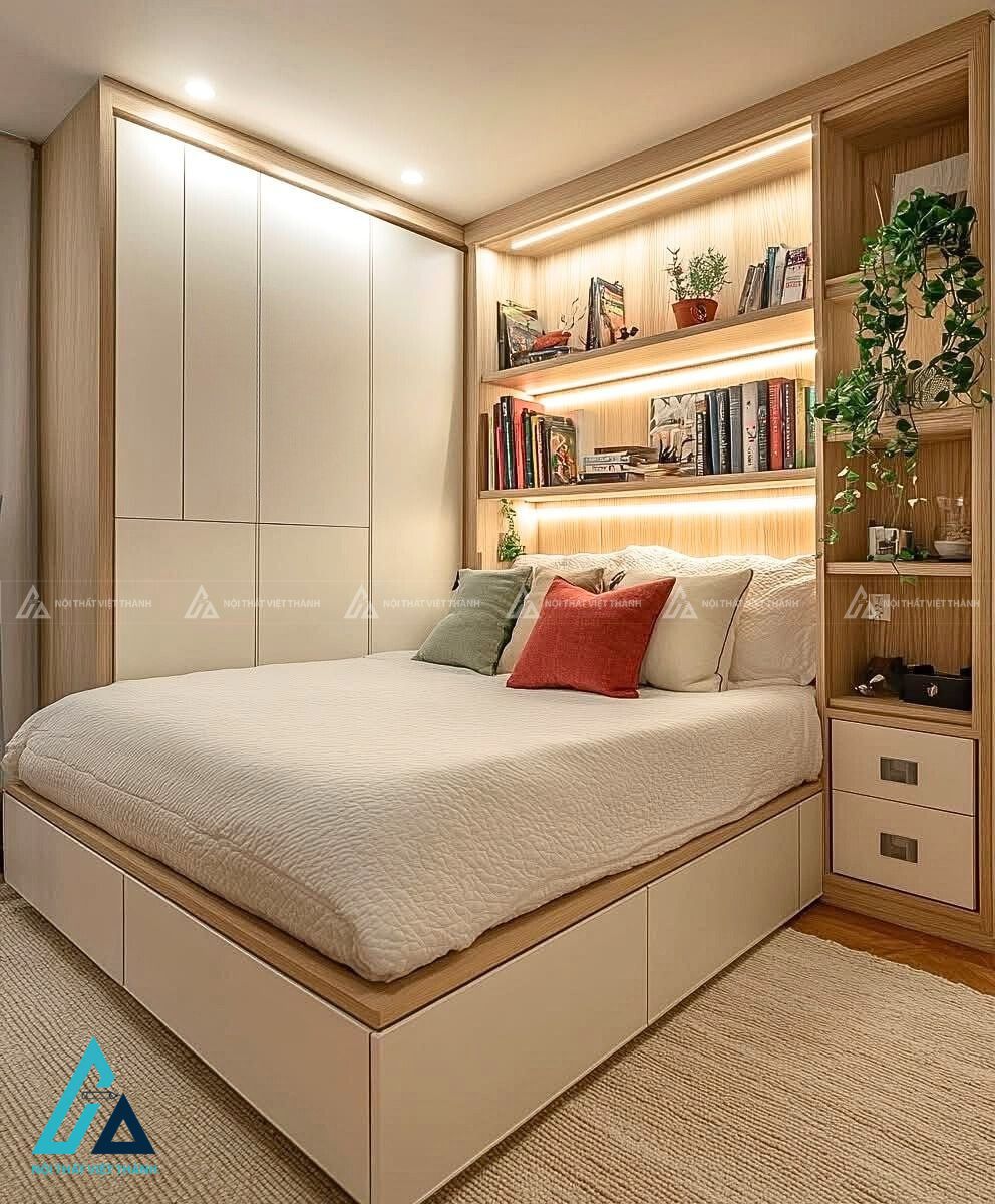 Combo giường ngủ tủ quần áo và kệ sách đèn led sang trọng