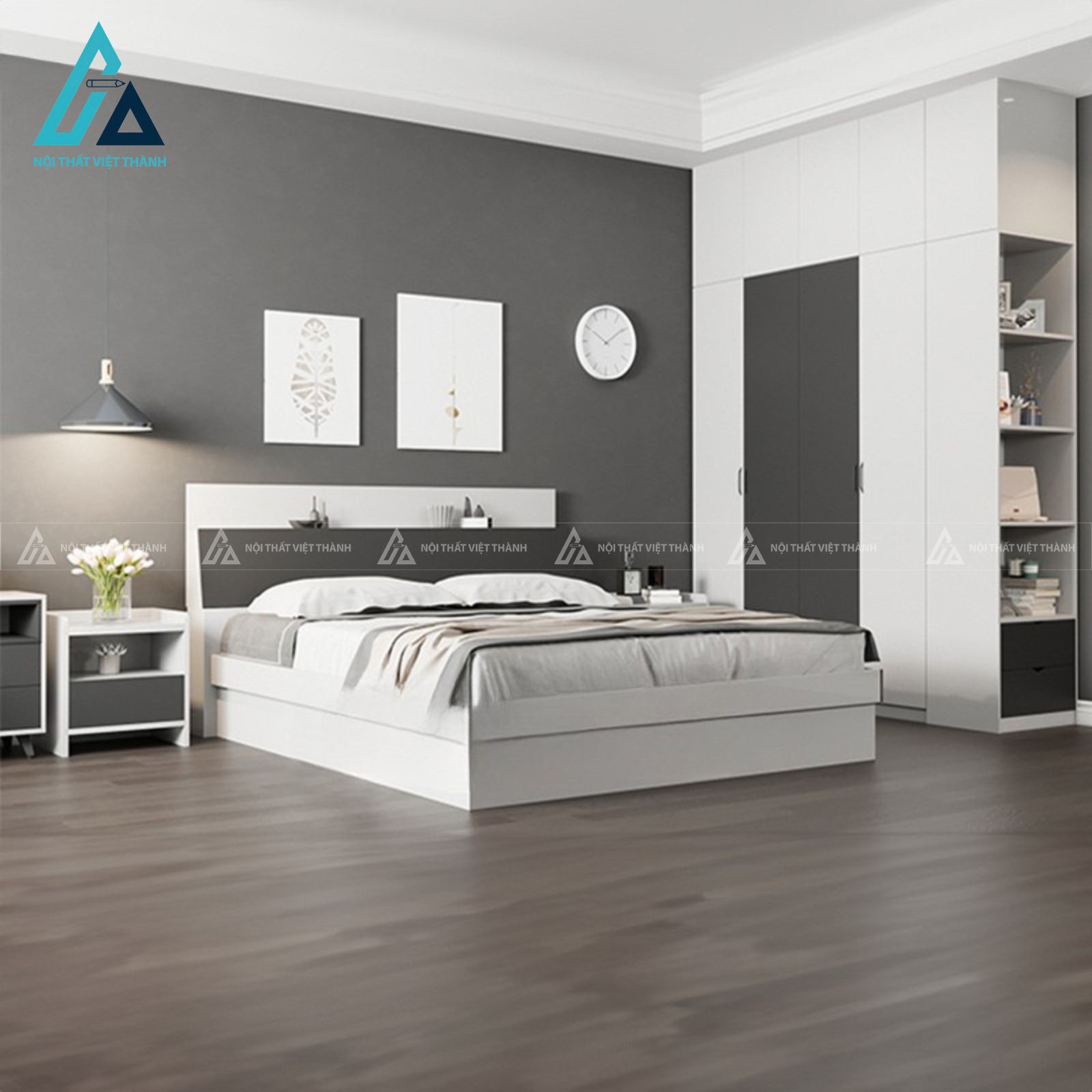 Combo phòng ngủ gỗ hiện đại tích hợp giường hộp và tủ lùa kịch trần