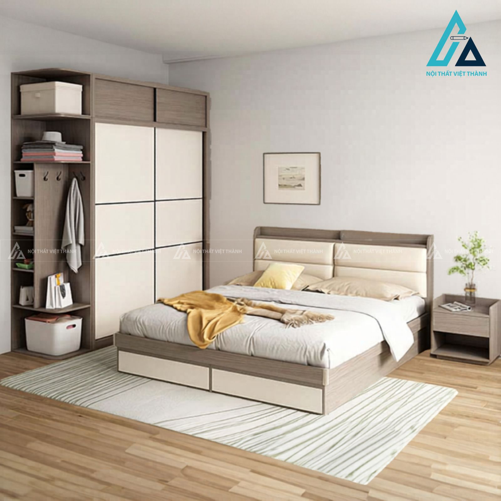 Combo phòng ngủ hiện đại tích hợp giường hộp và tủ lùa kèm kệ đèn led