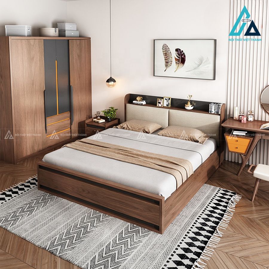 Combo phòng ngủ gỗ hiện đại tích hợp giường có kệ đầu và tủ đồ ngăn kéo