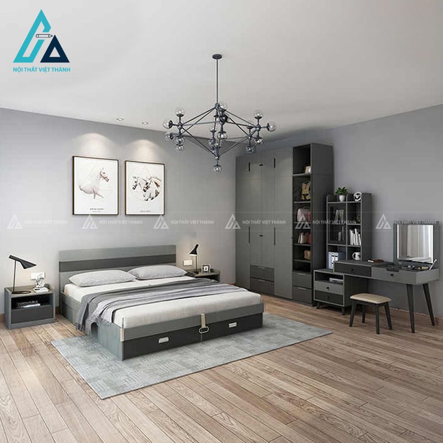 Combo phòng ngủ gỗ hiện đại màu ghi tích hợp giường hộp và tủ cánh mở