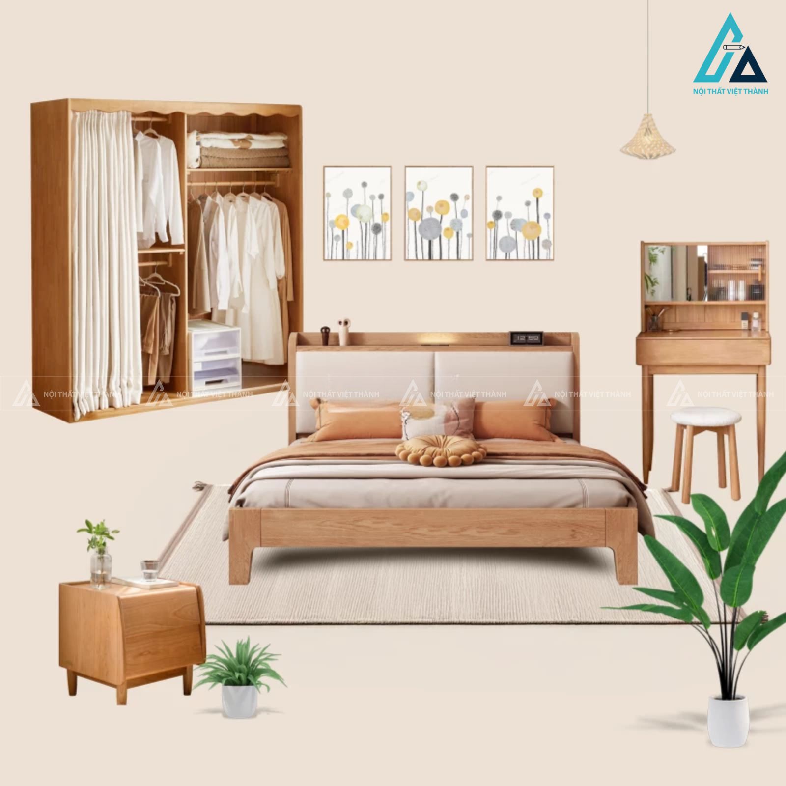 Combo giường ngủ gỗ tự nhiên đầu giường bọc nệm và tủ quần áo rèm kéo 1