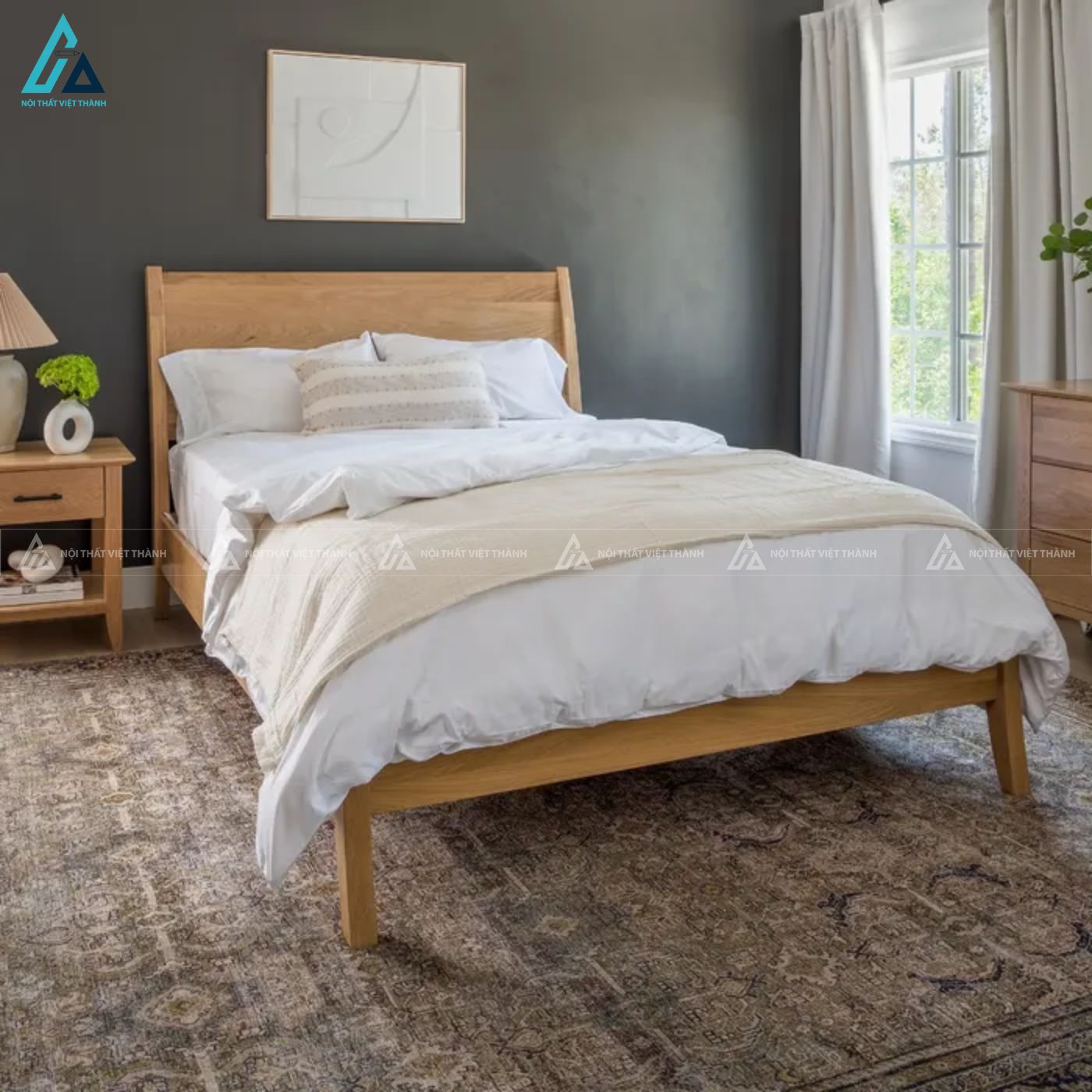 Combo giường ngủ khung gỗ tự nhiên chân cao tinh tế hiện đại 1