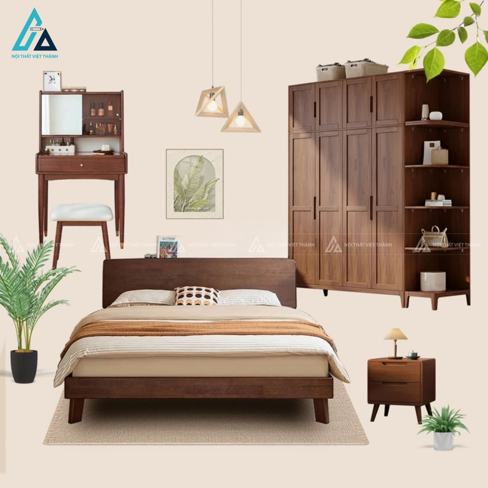 Combo phòng ngủ gỗ tự nhiên chân cao và tủ quần áo có kệ góc 1