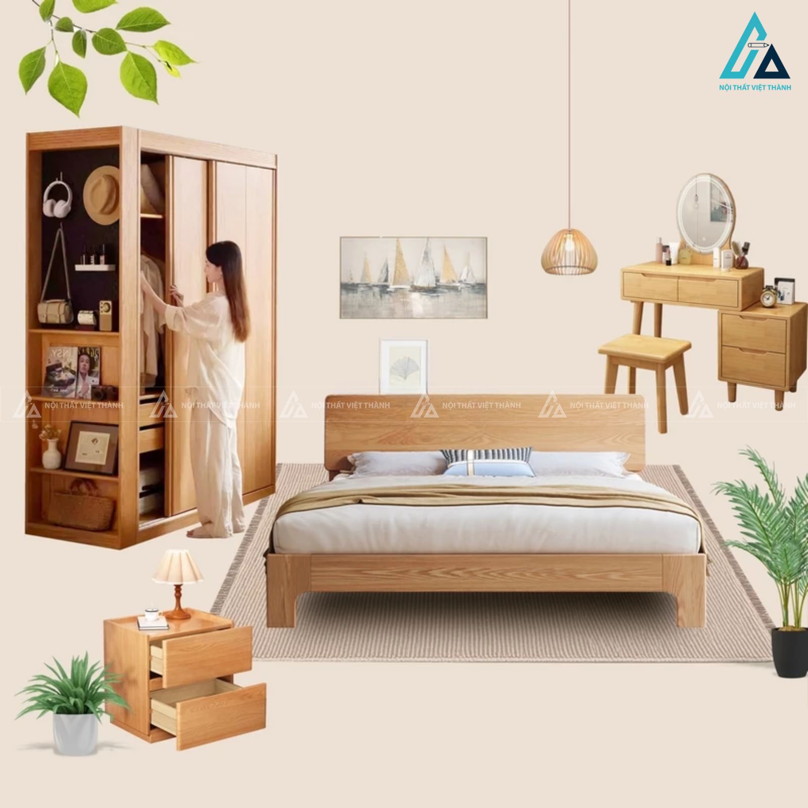 Combo phòng ngủ gỗ tự nhiên chân thấp và bàn trang điểm gương tròn 1
