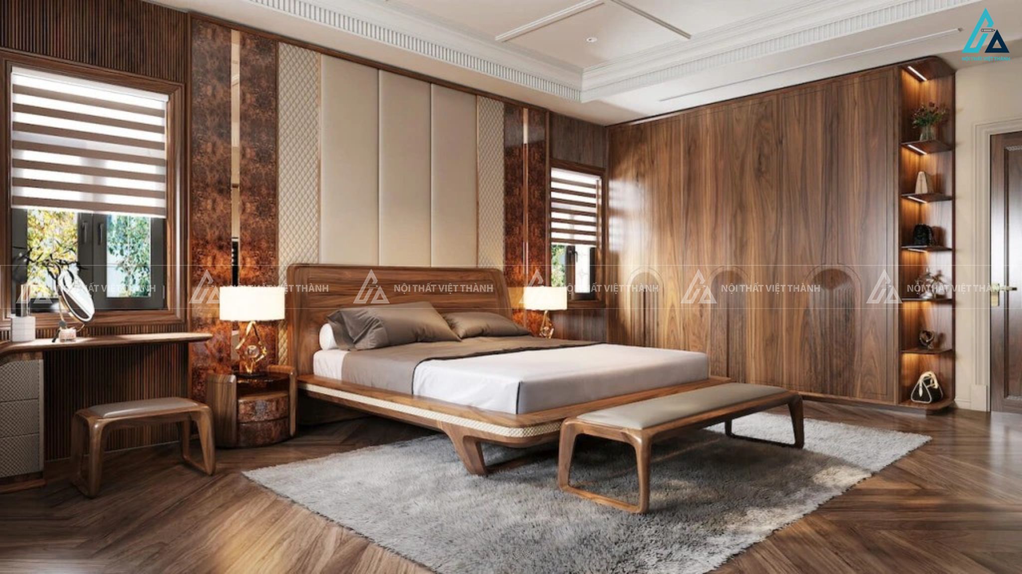 Bộ giường ngủ có ghế đuôi giường kết hợp tủ áo cánh phẳng sang trọng 1