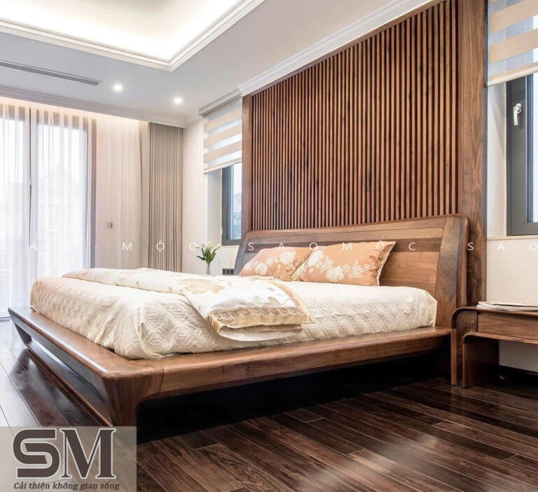 Bộ giường ngủ chân quỳ bọc đệm kết hợp tủ áo cánh kính đèn led 1