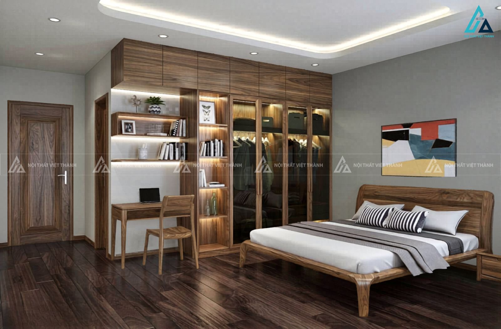 Combo tủ quần áo kịch trần tích hợp bàn làm việc và giường ngủ gỗ