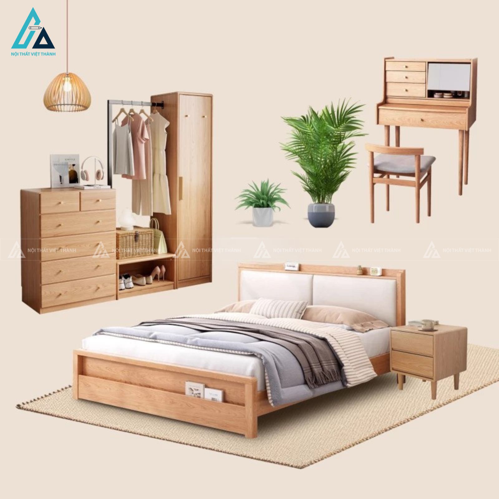Combo giường ngủ gỗ đầu giường bọc nệm và tủ đồ đa năng tiện nghi 1
