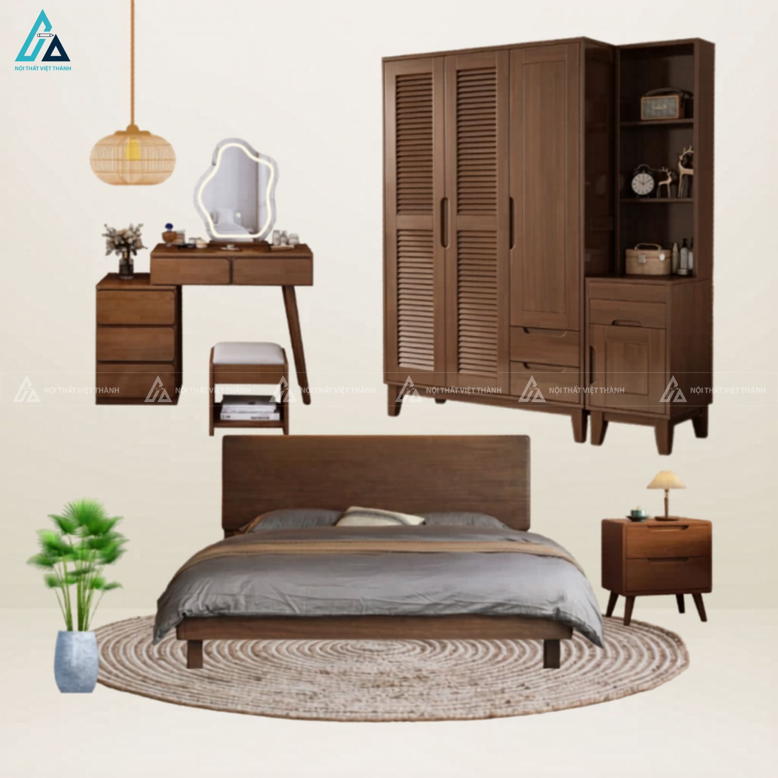Combo phòng ngủ gỗ tự nhiên tủ quần áo và bàn trang điểm hiện đại 1