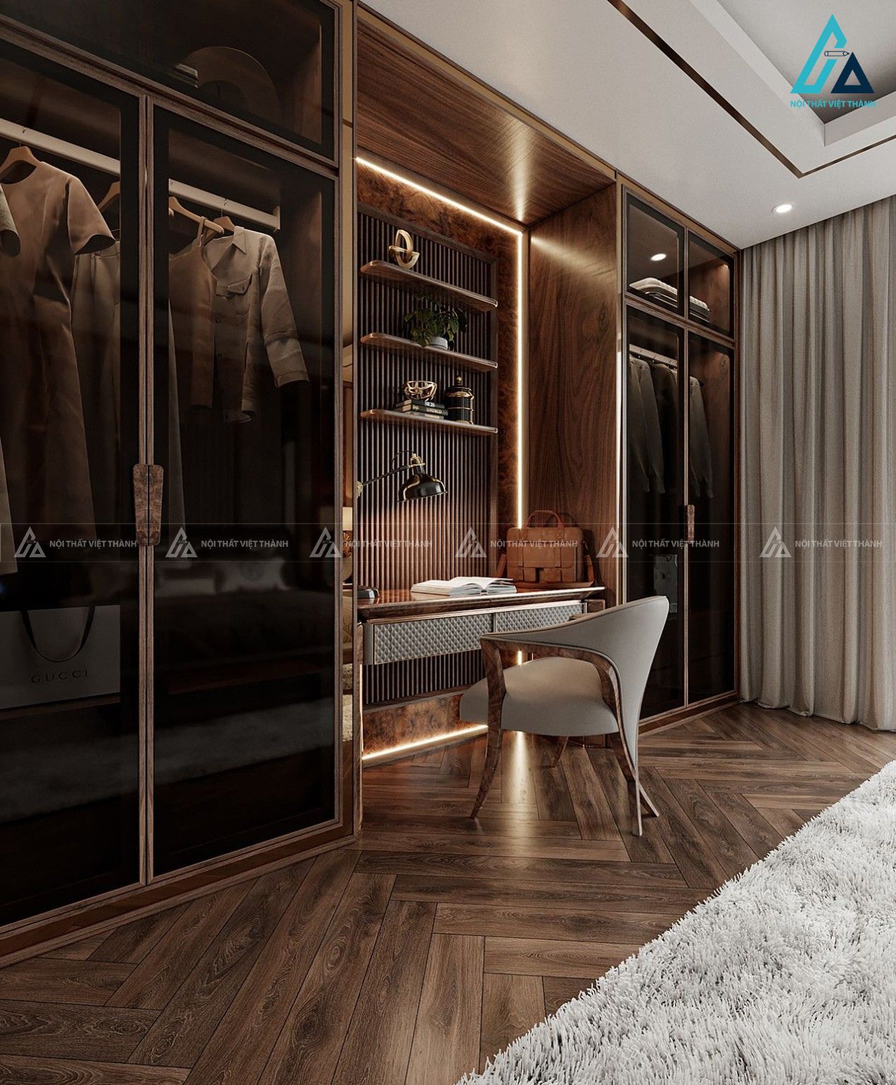 Bộ giường ngủ chân bo cong kết hợp ghế đôn đuôi giường liền khối 1