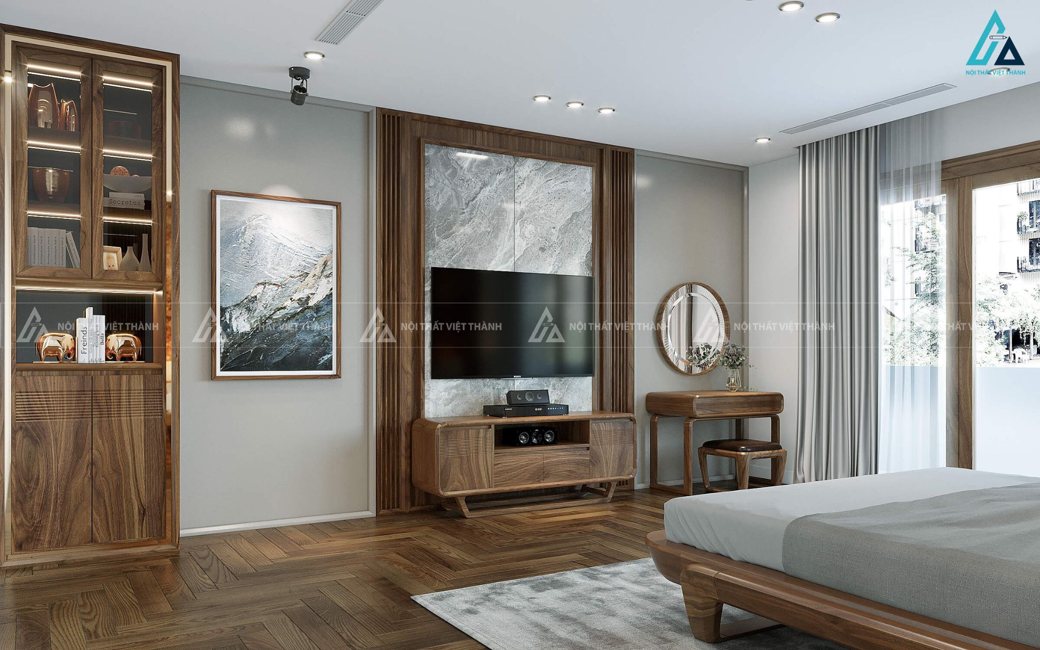 Combo giường ngủ hiện đại kết hợp tủ áo cánh kính đèn led 1