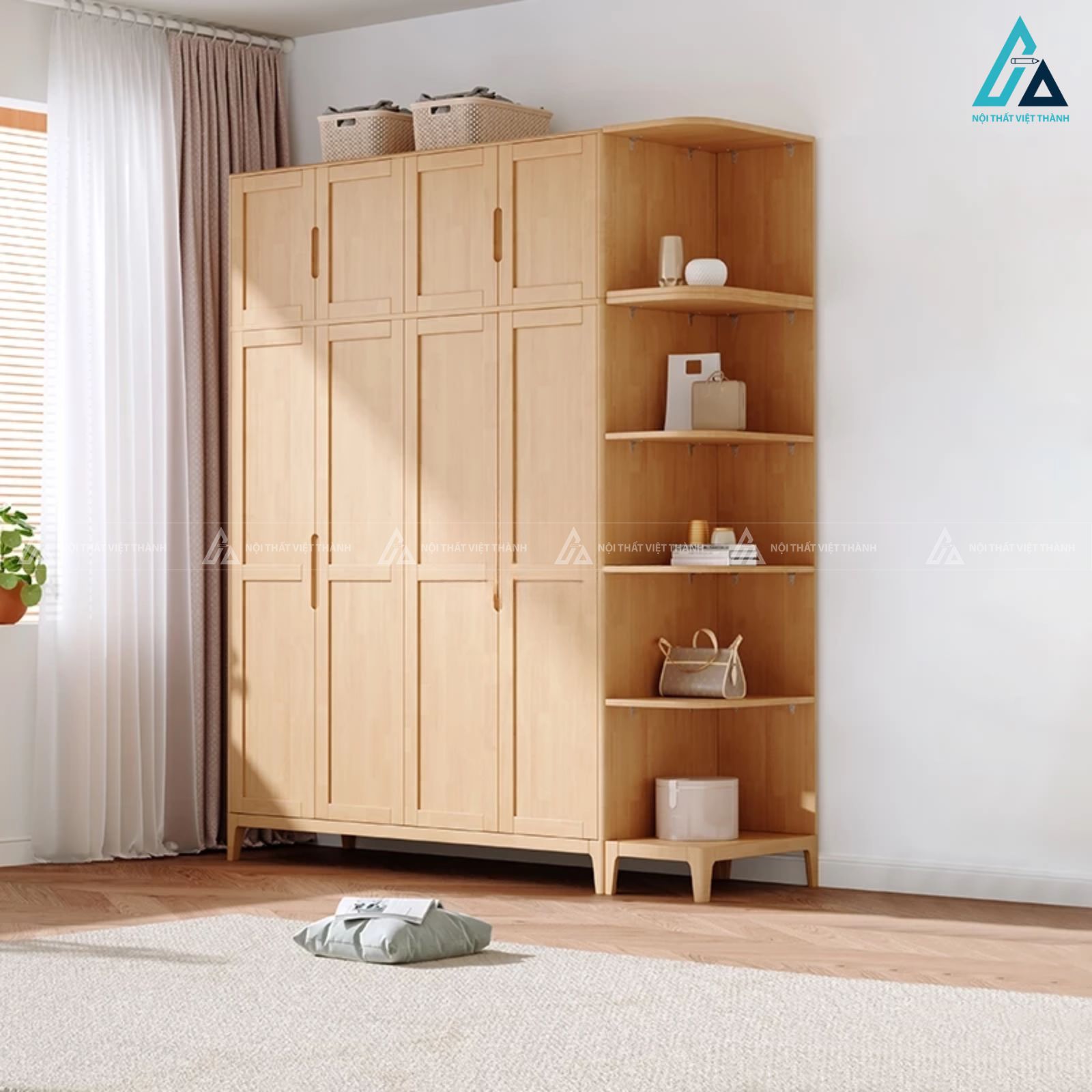 Combo phòng ngủ gỗ tự nhiên chân cao và tủ quần áo có kệ góc 2