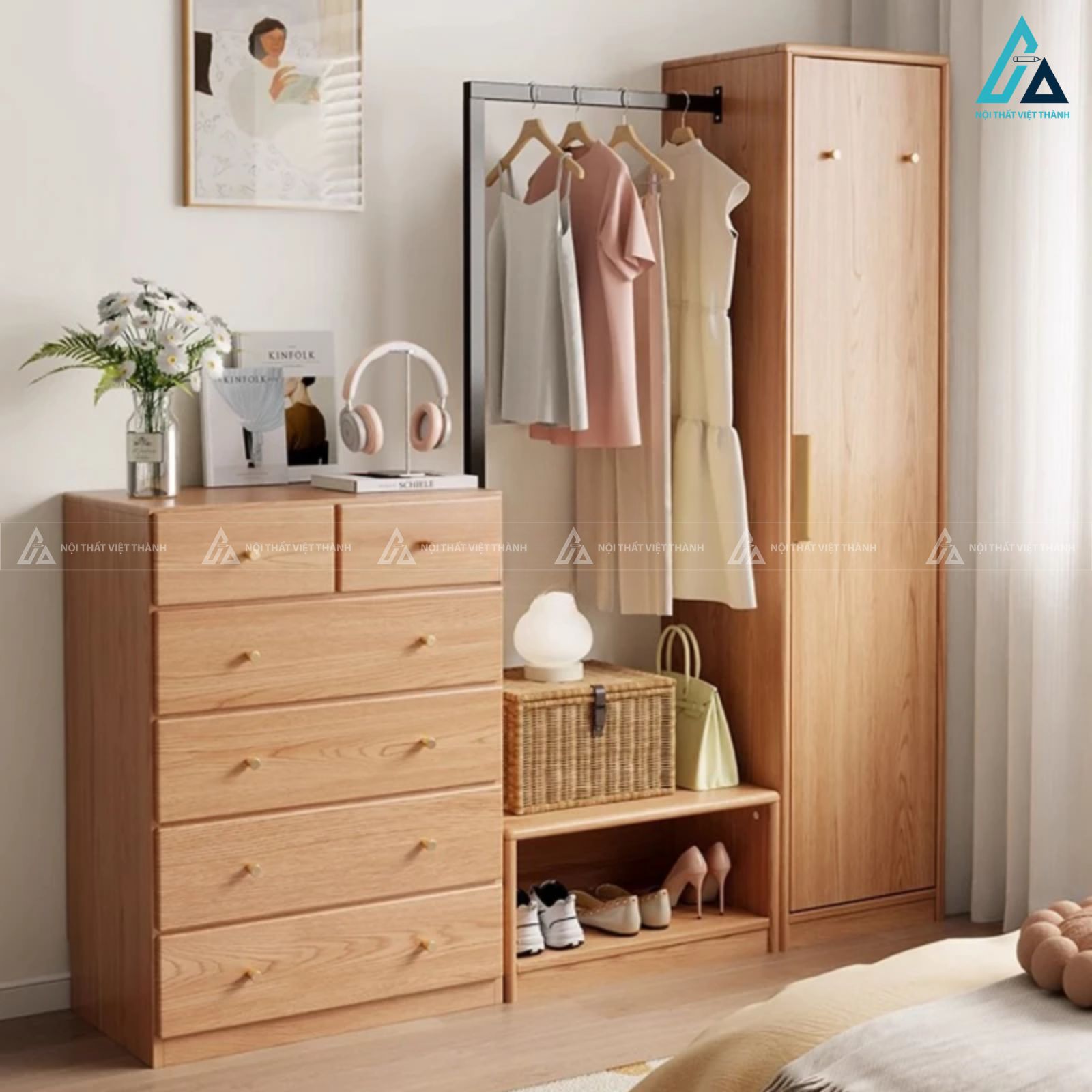 Combo giường ngủ gỗ đầu giường bọc nệm và tủ đồ đa năng tiện nghi 2