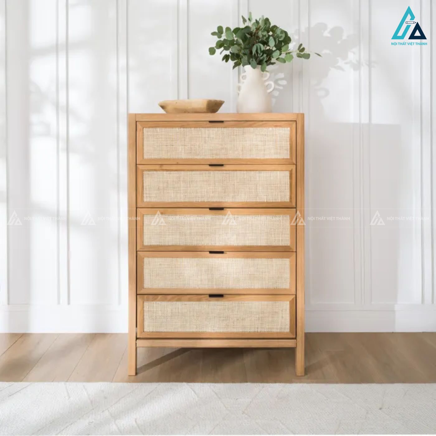 Combo giường ngủ gỗ tự nhiên phối mây đan mắt cáo cao cấp 2