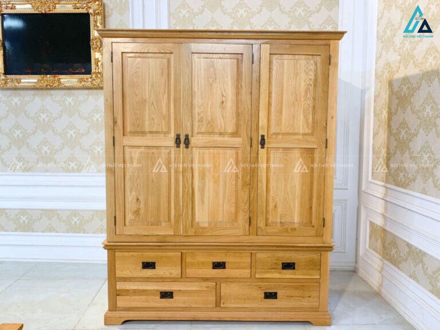 Combo giường ngủ pano và tủ quần áo ba cánh gỗ tự nhiên 2