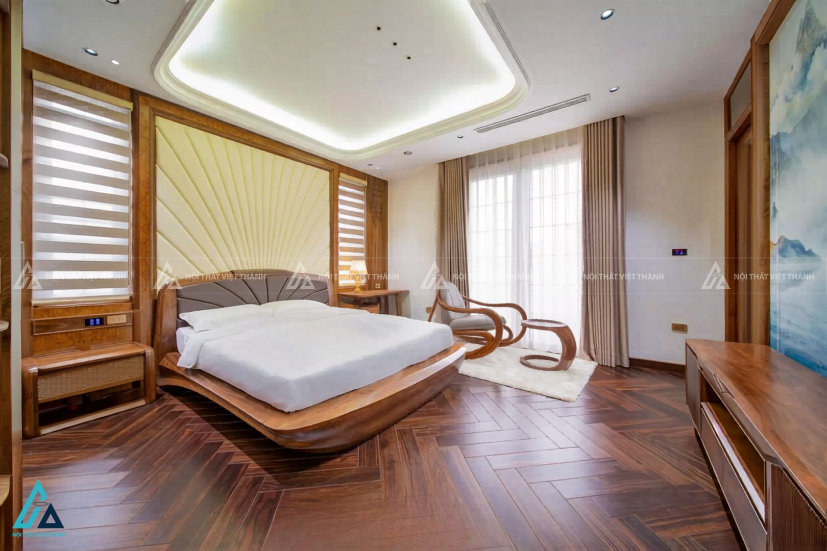 Bộ giường ngủ chân thuyền gỗ tự nhiên kết hợp vách đầu giường cánh quạt