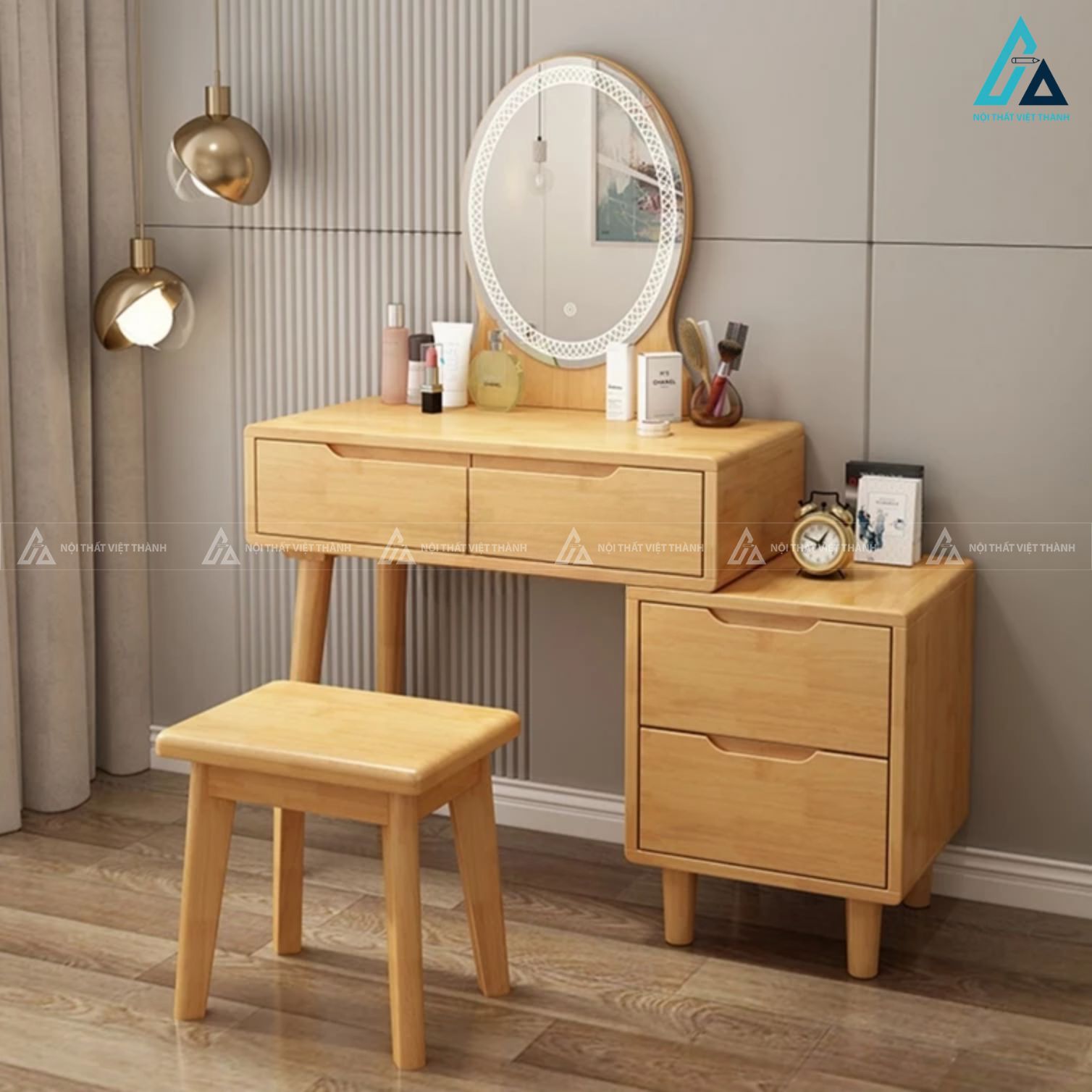 Combo phòng ngủ gỗ tự nhiên chân thấp và bàn trang điểm gương tròn 2