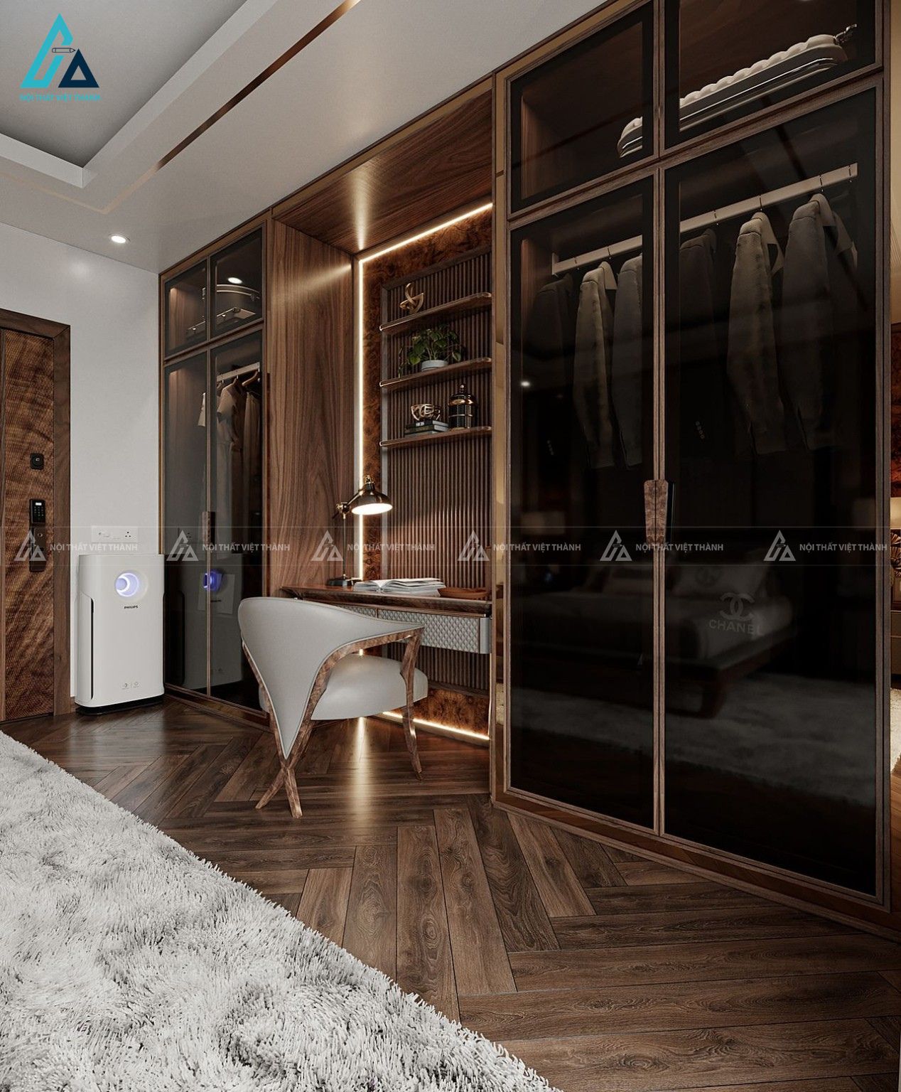 Bộ giường ngủ chân bo cong kết hợp ghế đôn đuôi giường liền khối 2