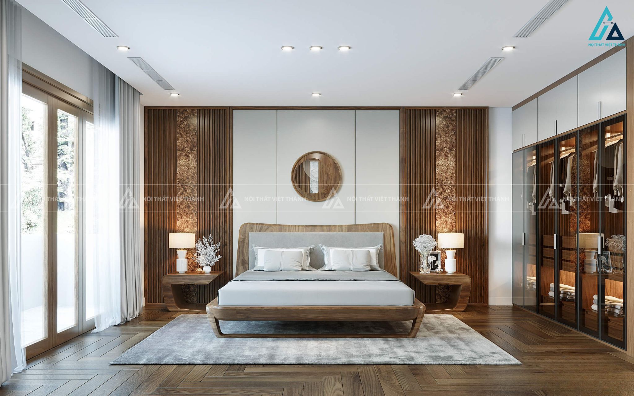 Combo giường ngủ hiện đại kết hợp tủ áo cánh kính đèn led