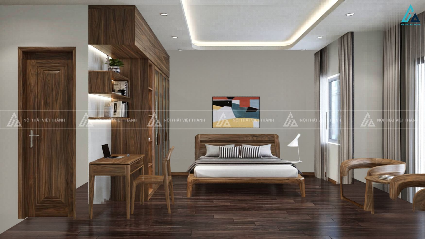 Combo tủ quần áo kịch trần tích hợp bàn làm việc và giường ngủ gỗ 1