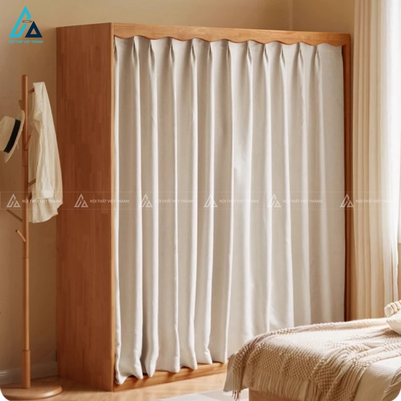Combo giường ngủ gỗ tự nhiên đầu giường bọc nệm và tủ quần áo rèm kéo 2