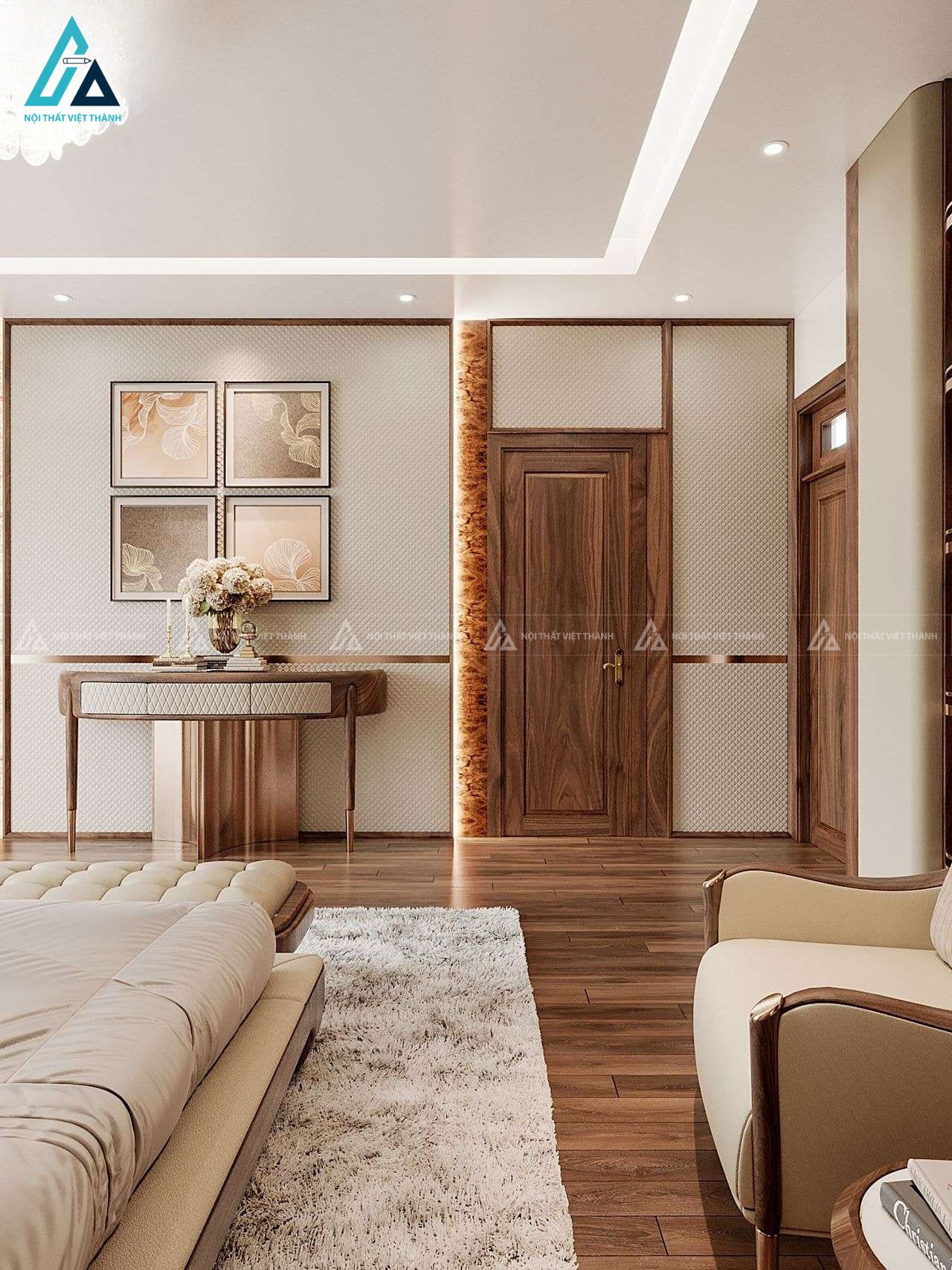 Combo giường ngủ có ghế đuôi giường kết hợp vách ốp da hình chiếc lá 2