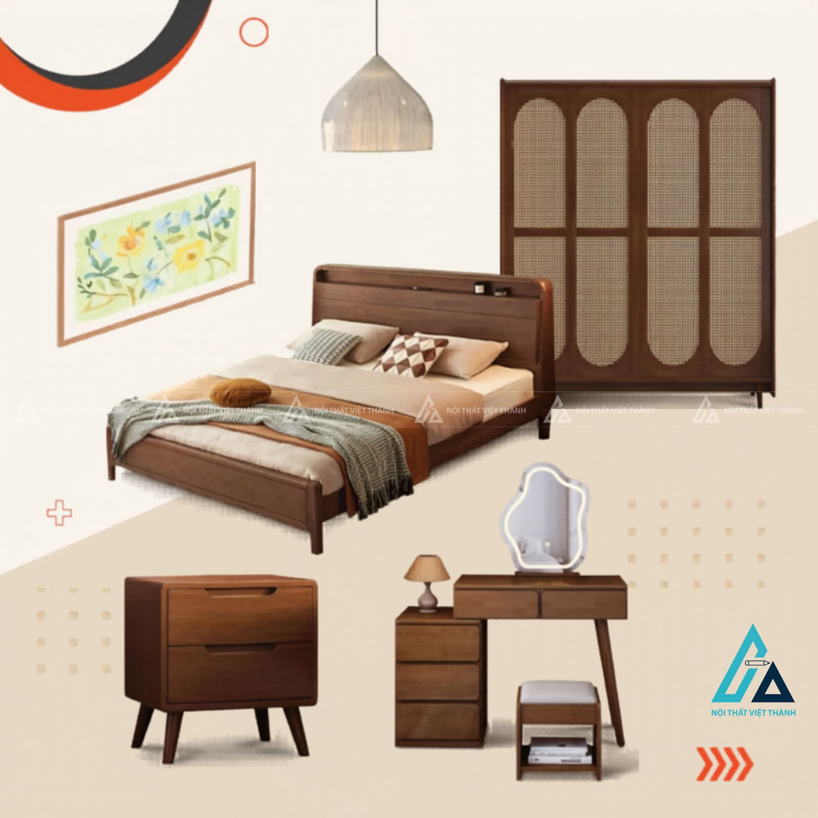 Combo phòng ngủ gỗ tự nhiên phối cánh tủ mây đan phong cách 2