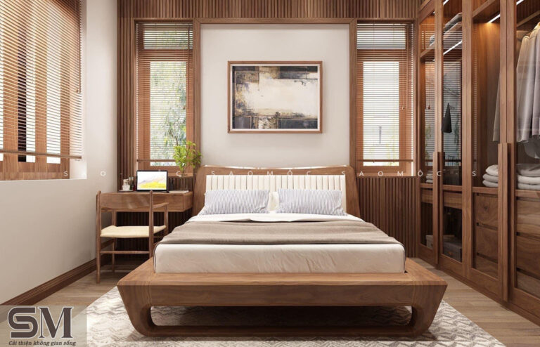Bộ giường ngủ chân quỳ bọc đệm kết hợp tủ áo cánh kính đèn led
