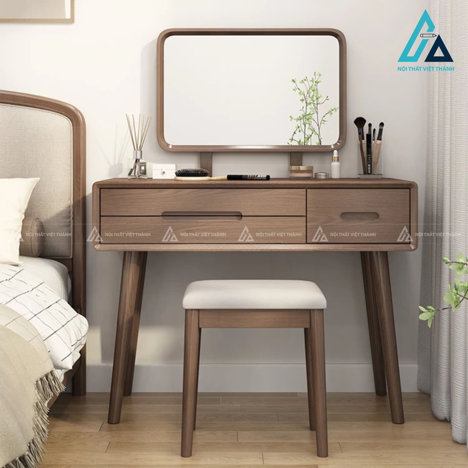 Combo giường ngủ gỗ tự nhiên có ngăn kéo và bàn trang điểm nhỏ gọn 2