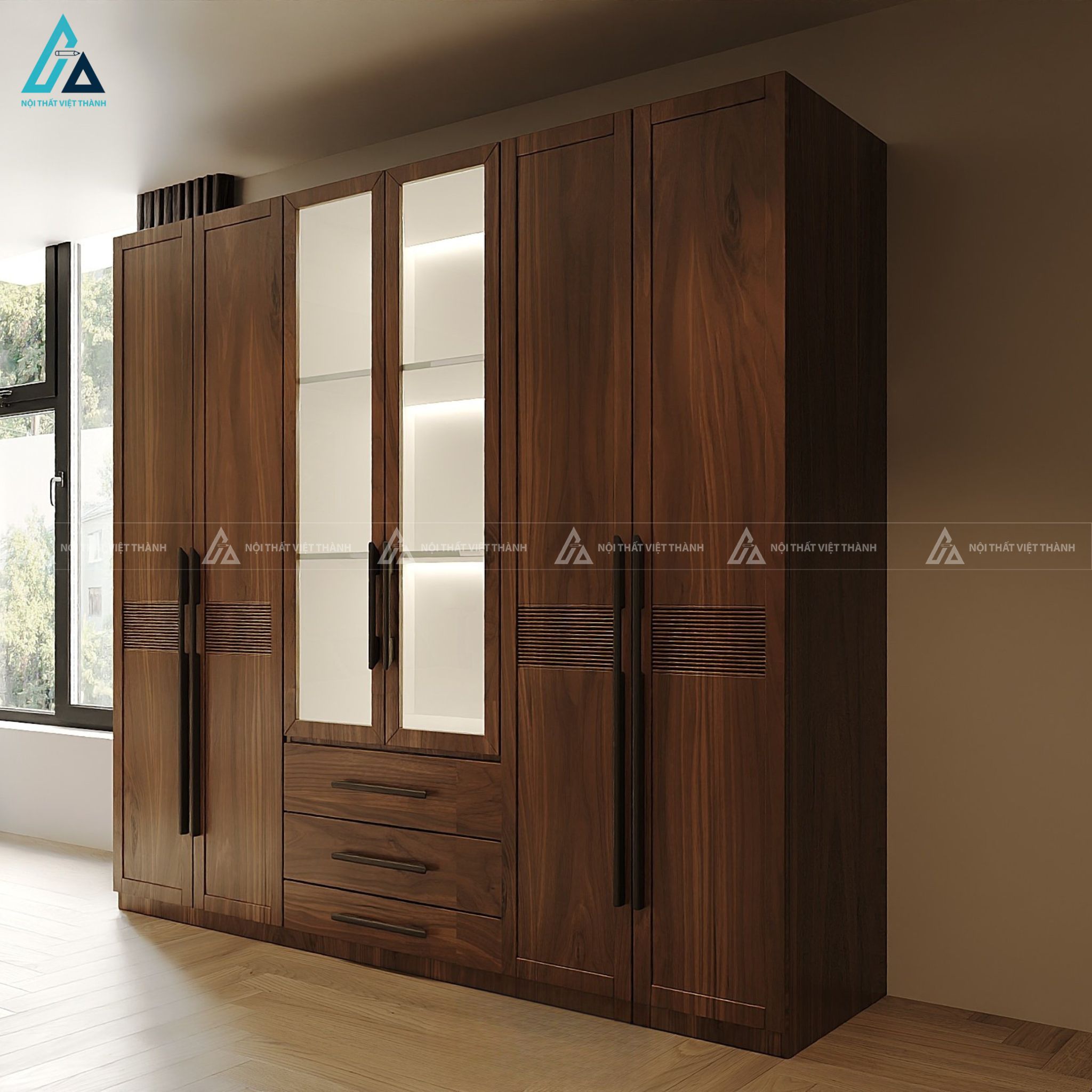 Bộ giường ngủ đầu giường hình vương miện kết hợp tủ áo cánh kính 2