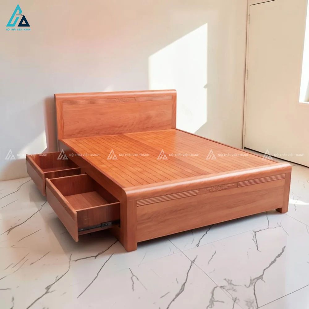 Combo giường hộc kéo và tủ kệ bàn phấn gỗ tự nhiên hiện đại 3