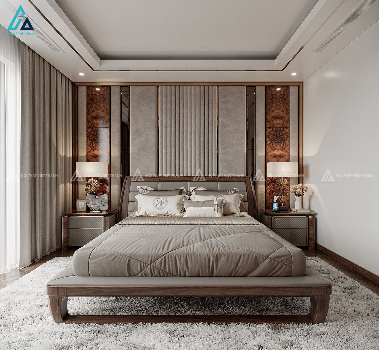 Bộ giường ngủ chân bo cong kết hợp ghế đôn đuôi giường liền khối