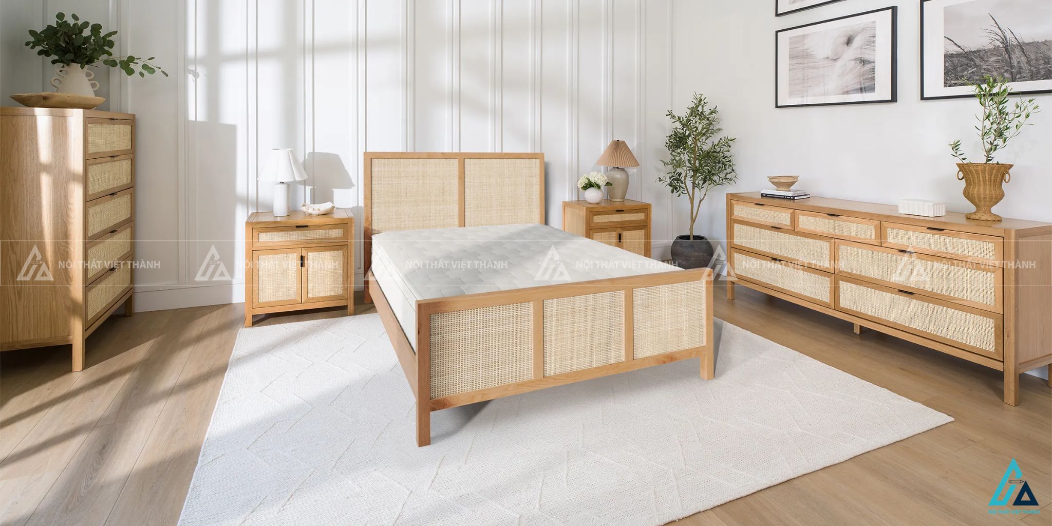 Combo giường ngủ gỗ tự nhiên phối mây đan mắt cáo cao cấp
