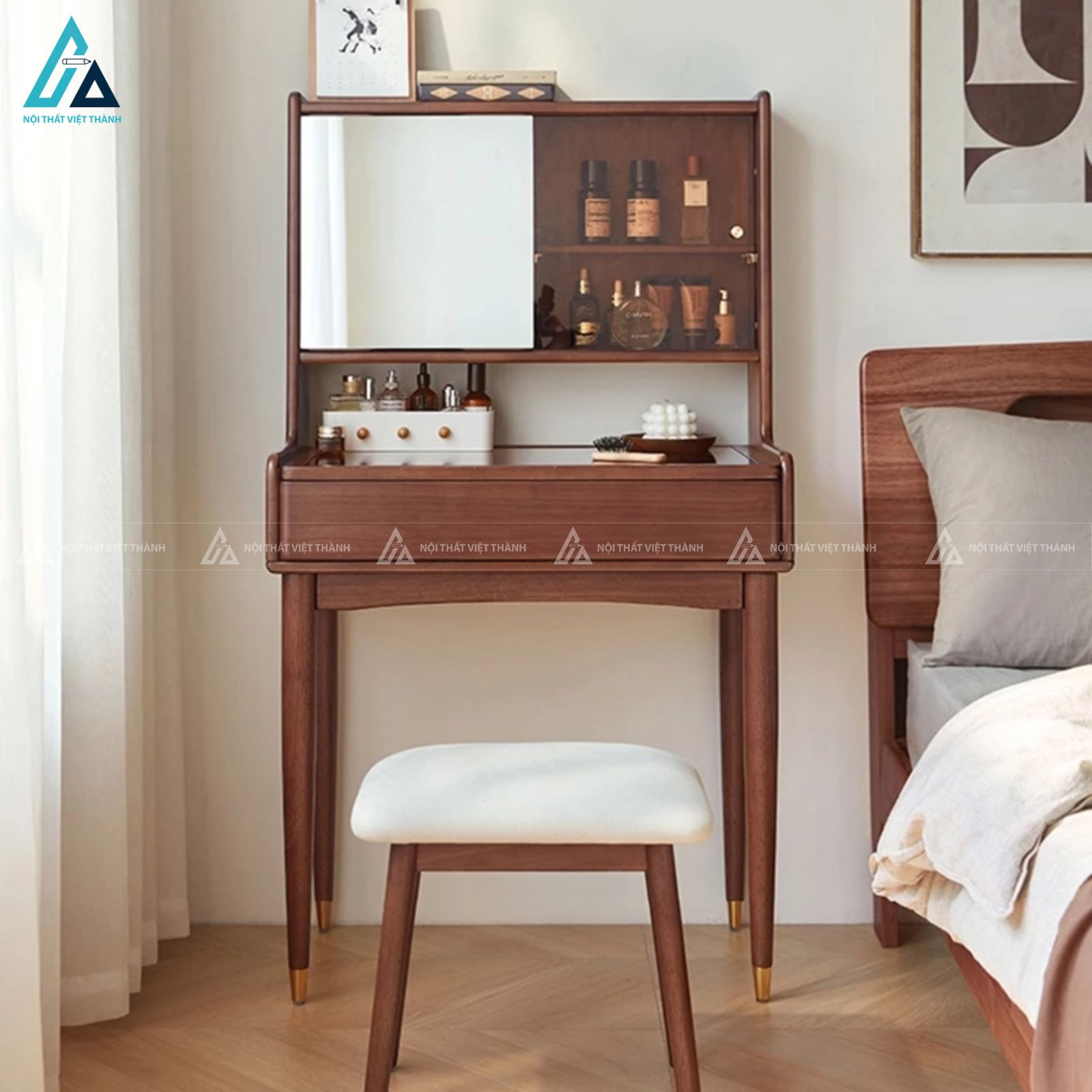 Combo phòng ngủ gỗ tự nhiên chân cao và tủ quần áo có kệ góc 3