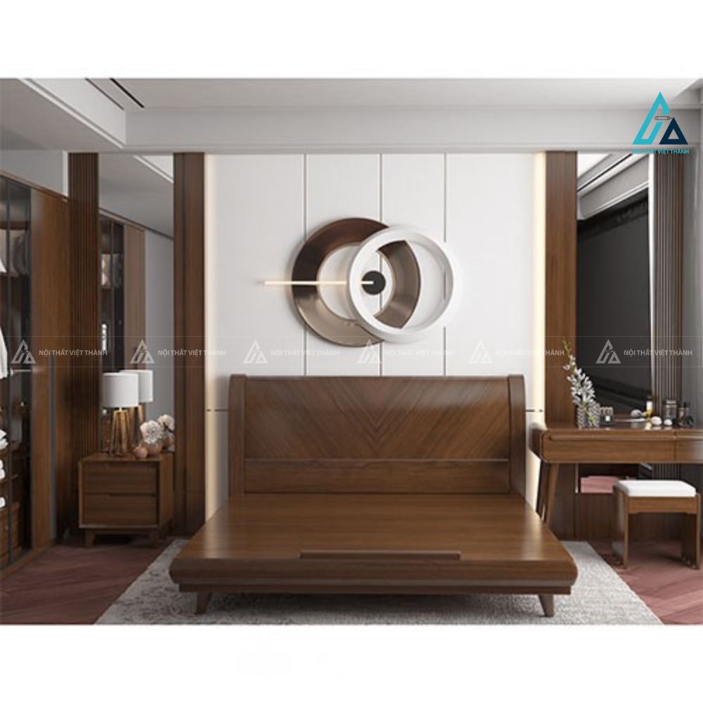 Bộ giường ngủ vân gỗ hình chữ v kết hợp bàn phấn và táp đầu giường