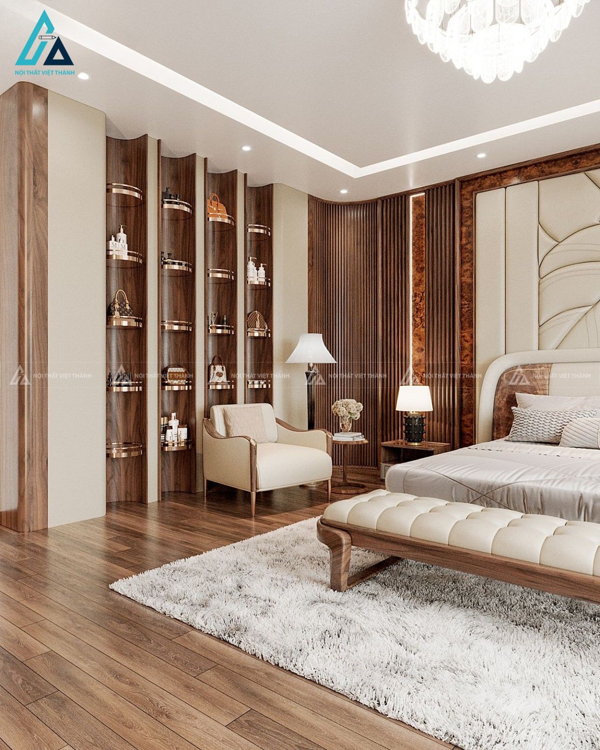 Combo giường ngủ có ghế đuôi giường kết hợp vách ốp da hình chiếc lá 3