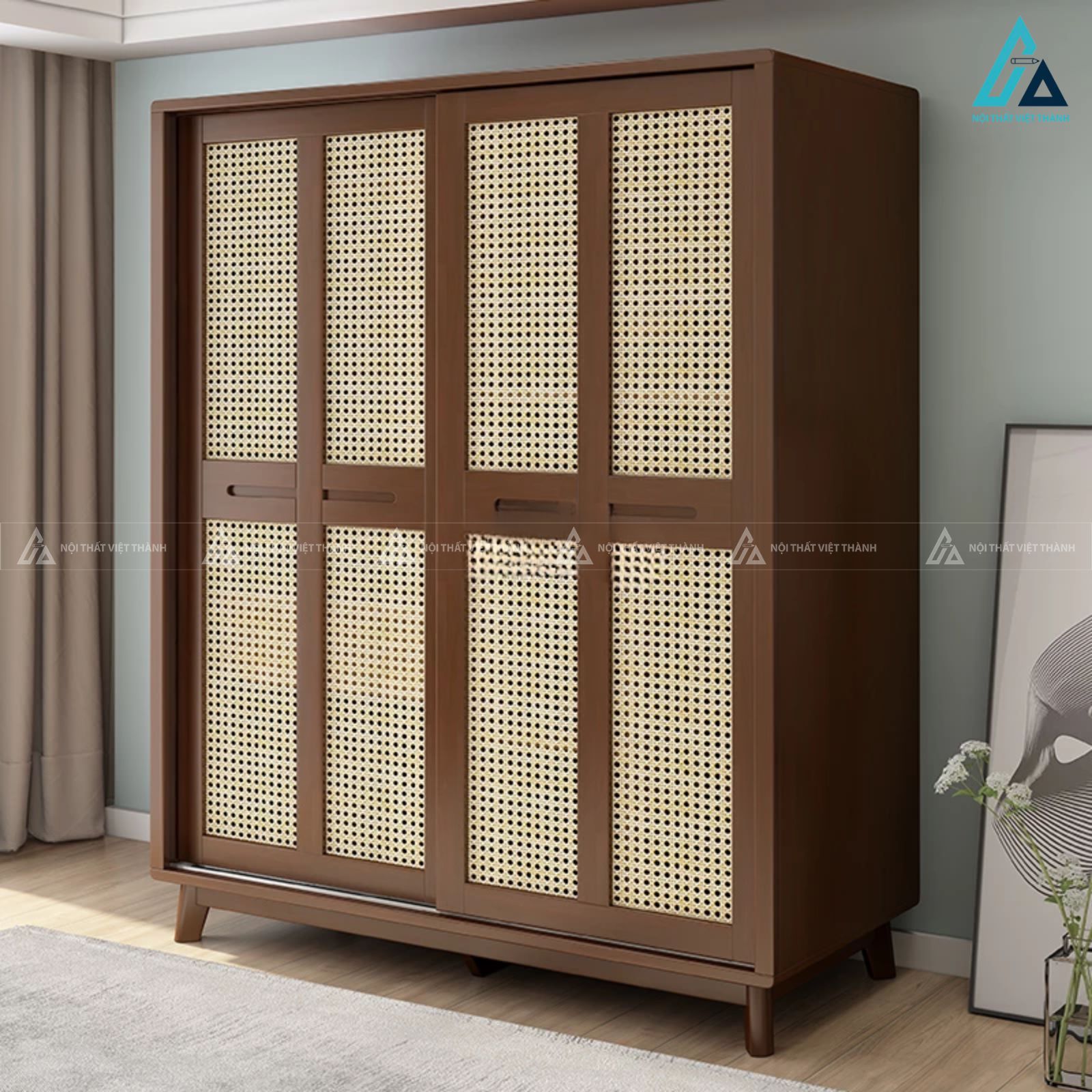 Combo giường ngủ chân thấp và tủ áo cánh mây tự nhiên hiện đại 3