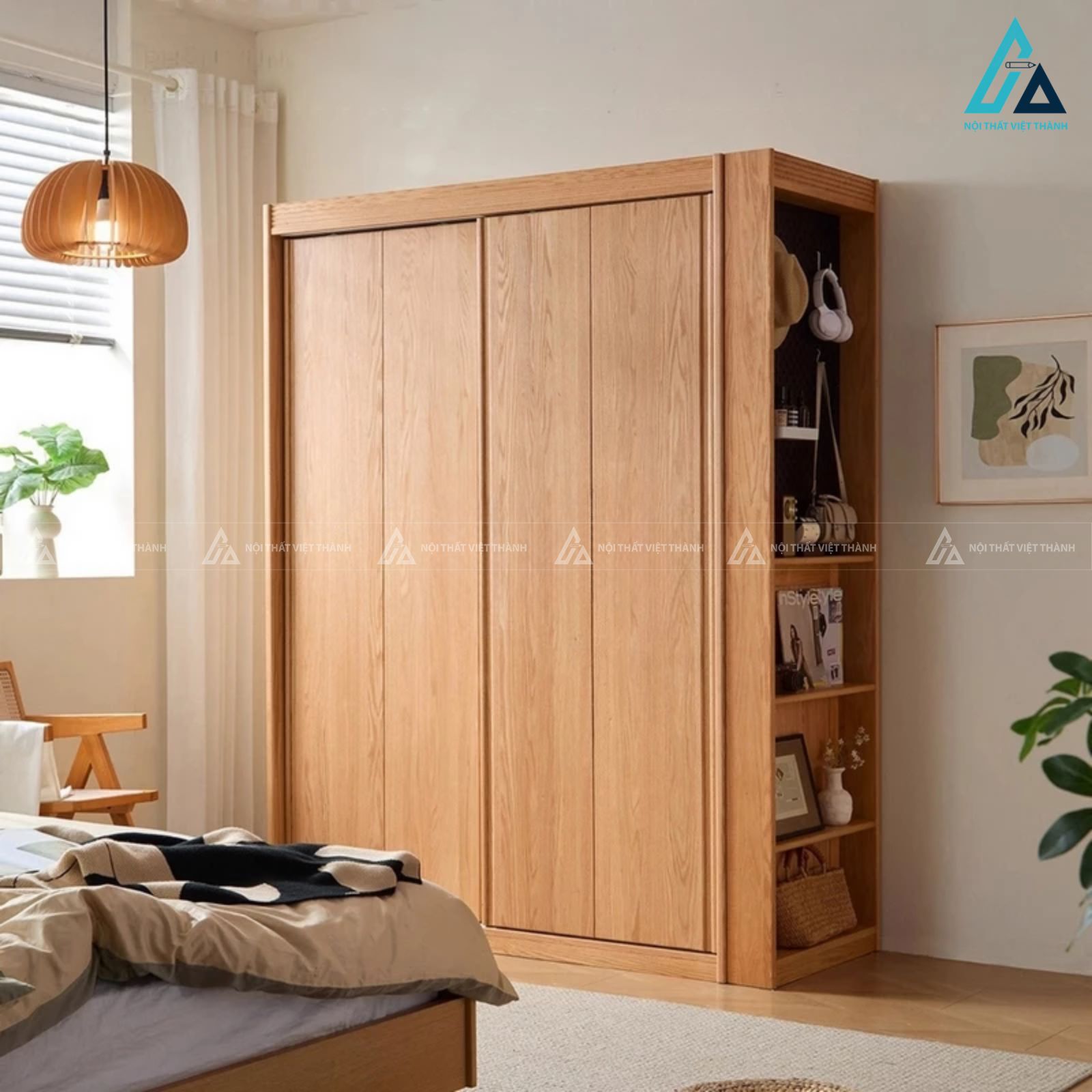 Combo phòng ngủ gỗ tự nhiên chân thấp và bàn trang điểm gương tròn 3