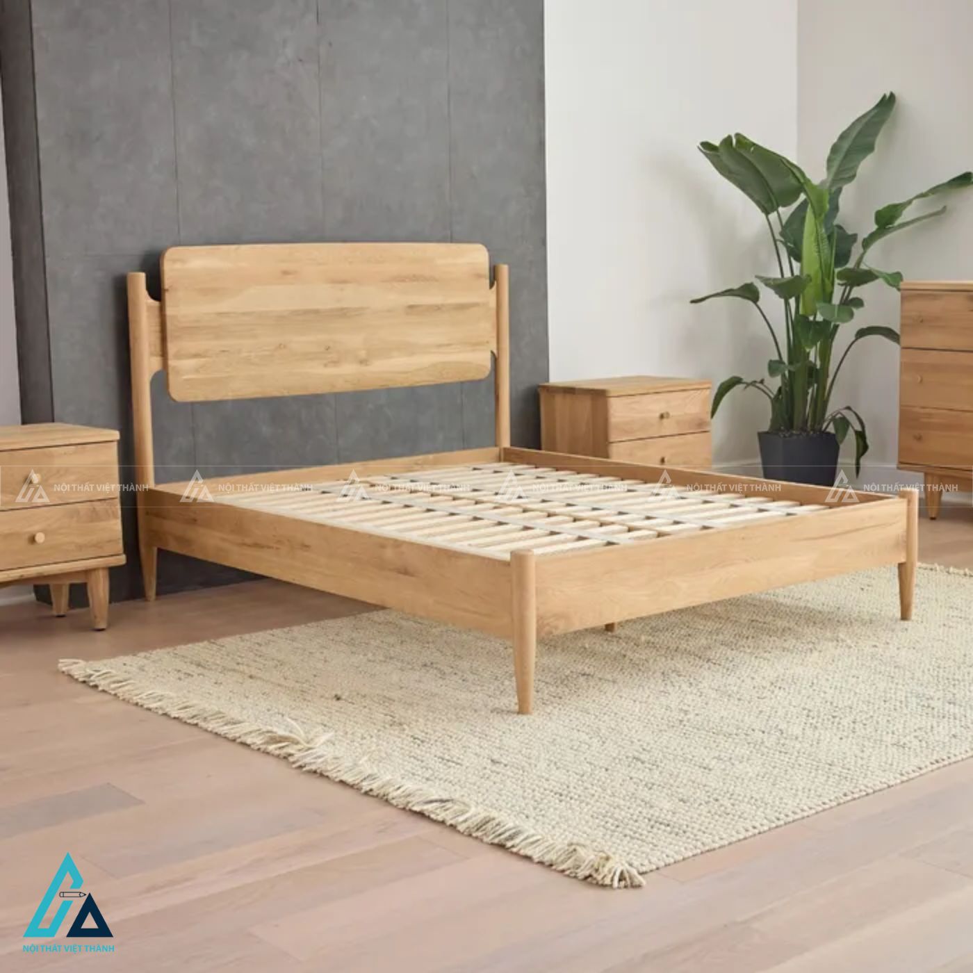 Bộ giường gỗ tự nhiên bo góc và kệ tủ đa tầng tinh tế cho phòng ngủ 3
