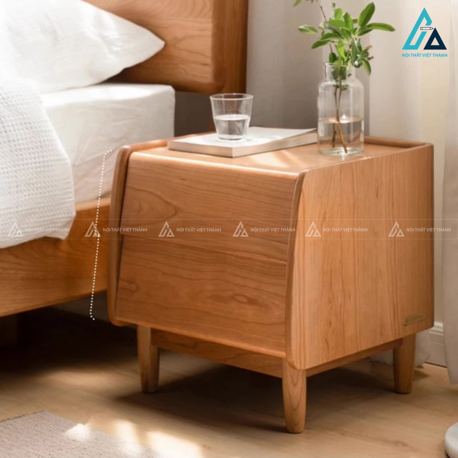 Combo giường ngủ gỗ tự nhiên đầu giường bọc nệm và tủ quần áo rèm kéo 3