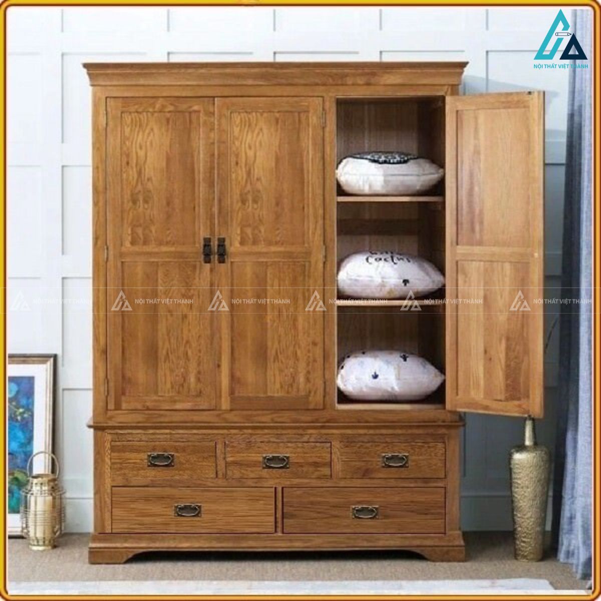 Combo giường ngủ chân cao và tủ áo bàn phấn gỗ tự nhiên 3
