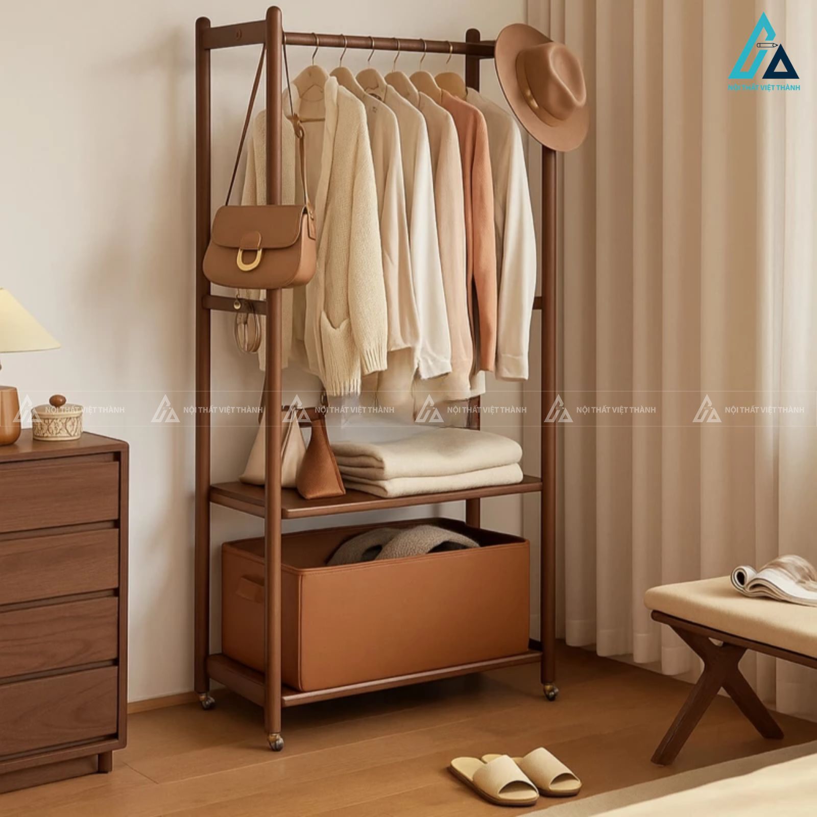 Combo giường ngủ đầu giường bọc da và kệ treo quần áo mở 3