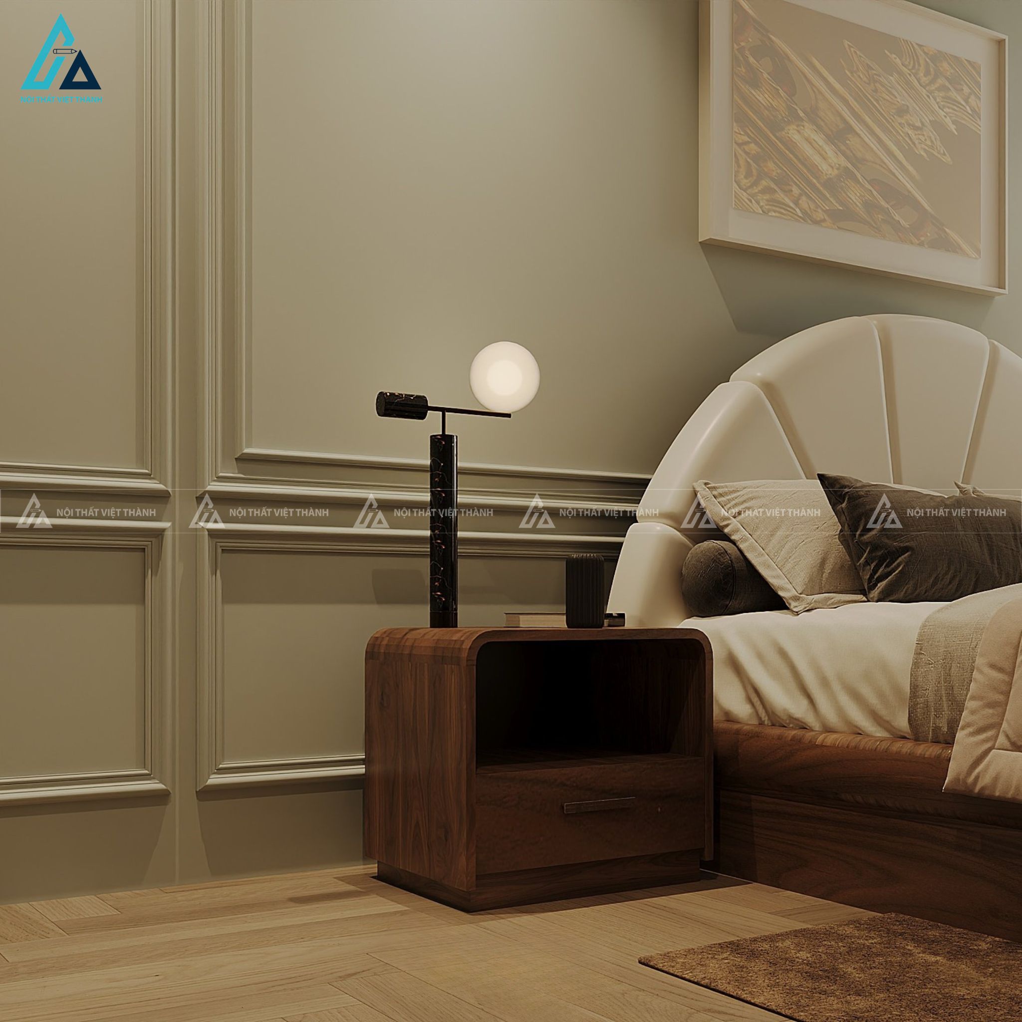 Bộ giường ngủ đầu giường hình vương miện kết hợp tủ áo cánh kính 3