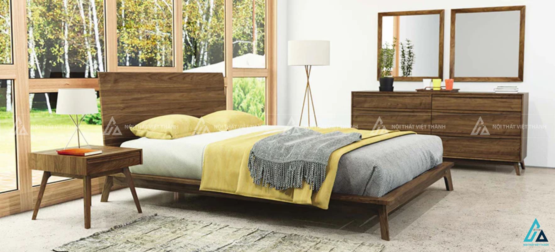 Combo giường ngủ chân vát hiện đại kết hợp tủ thấp có gương treo tường