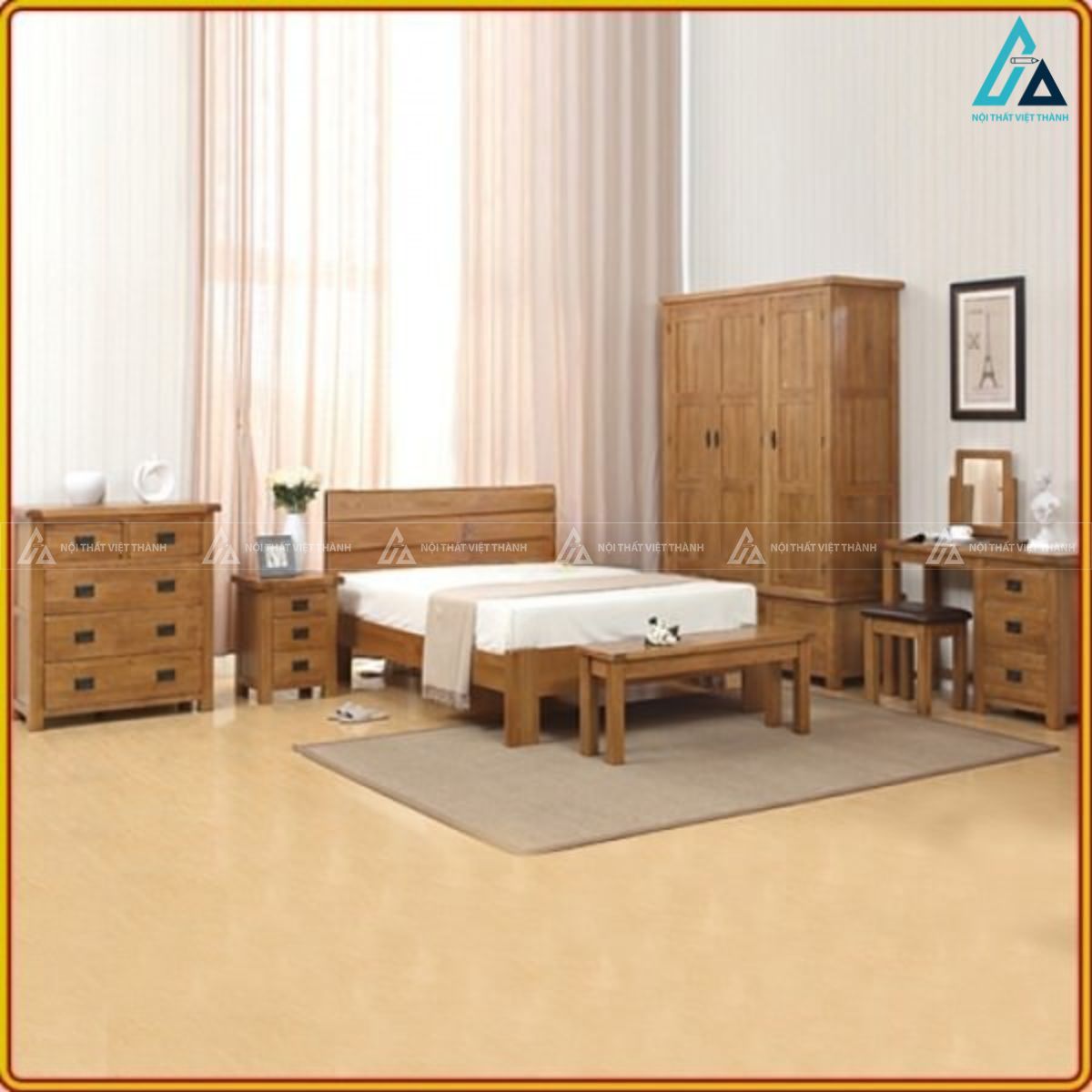 Combo giường ngủ có ghế băng dài và tủ quần áo gỗ tự nhiên