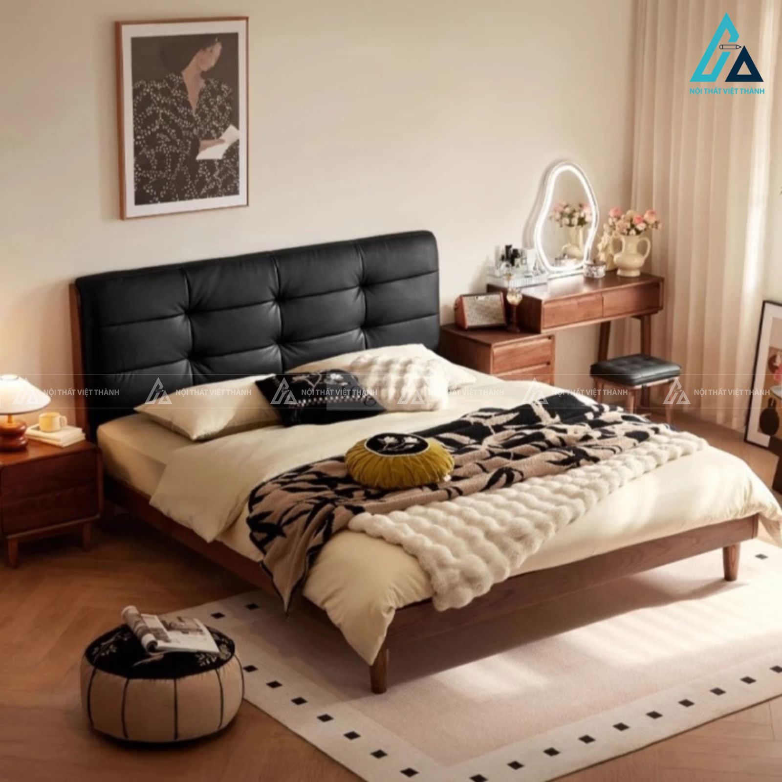 Combo giường ngủ đầu giường bọc da và kệ treo quần áo mở